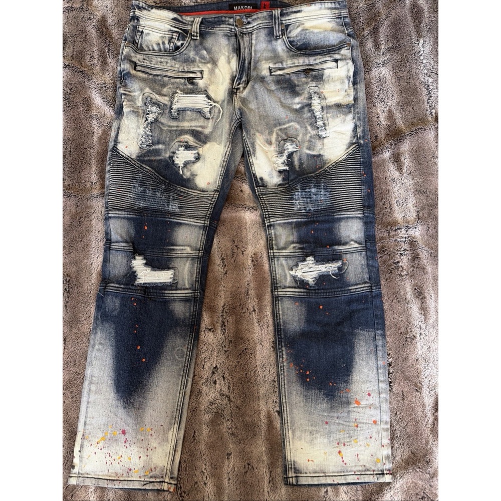 Makobi Men's Jeans 38x32 Jeans Ripped Distressed Paint Splatter Moto Blue Denim